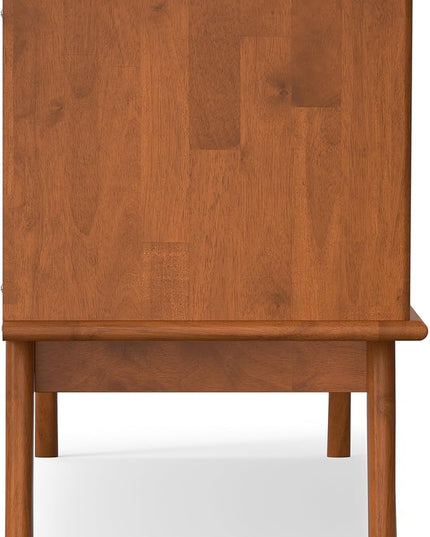 SIMPLIHOME Draper Solid Hardwood Wide Mid Century Modern Media Stand for TVs up to 80 inches for The Living Room and Entertainment Center, 72 inch, Teak Brown - LeafyLoom