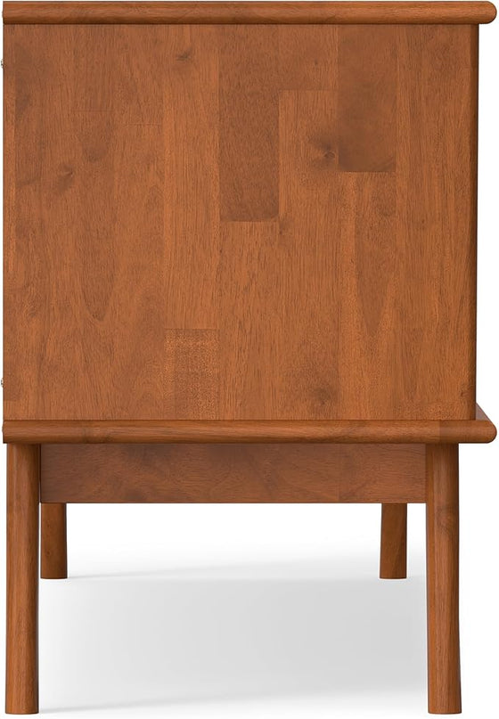 SIMPLIHOME Draper Solid Hardwood Wide Mid Century Modern Media Stand for TVs up to 80 inches for The Living Room and Entertainment Center, 72 inch, Teak Brown - LeafyLoom