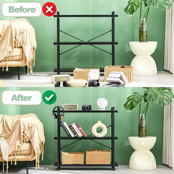 HCHQHS Bookshelf, 3-Tier Industrial Bookcase, Black Open Book Shelf, Freestanding Horizontal Bookshelves with Metal Frame - LeafyLoom