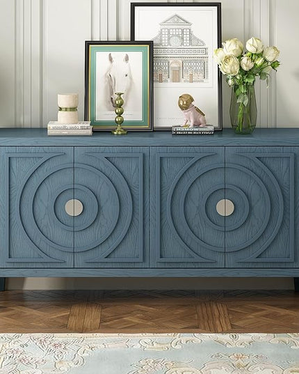 Retro Sideboard with Circular Groove Design Round Metal Door Handle,Wooden Buffet Cabinet,W/Adjustable Shelves & Open Countertop,for Entrance Living Dinning Room,Antique Blue, 60" - LeafyLoom
