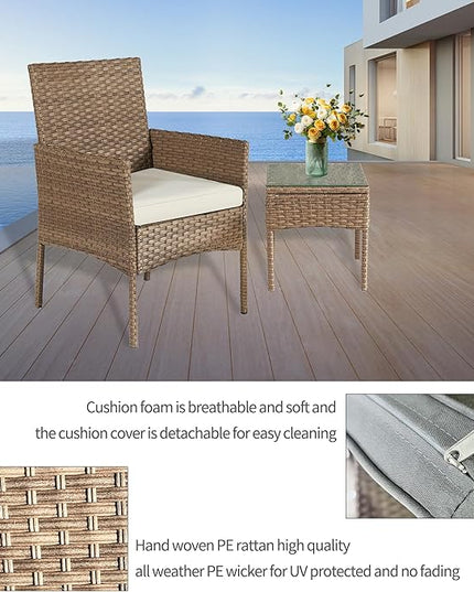 3 Pieces Patio Set Balcony Furniture Sets for Apartments.Bistro Furniture Set, Conversation Sets with Coffee Table, for Porch, Patio, Garden and Removable Cushions Beige - LeafyLoom