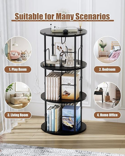 Rotating Bookshelf, 3 Tier Round Revolving Bookcase with Special Visible Partition Storage, 360° Display Spinning Bookshelf Tower Storage Organizer Rack for Bedroom, Living Room, Small Space, Black - LeafyLoom