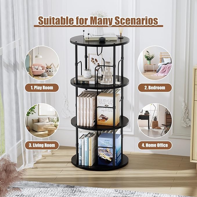 Rotating Bookshelf, 3 Tier Round Revolving Bookcase with Special Visible Partition Storage, 360° Display Spinning Bookshelf Tower Storage Organizer Rack for Bedroom, Living Room, Small Space, Black - LeafyLoom