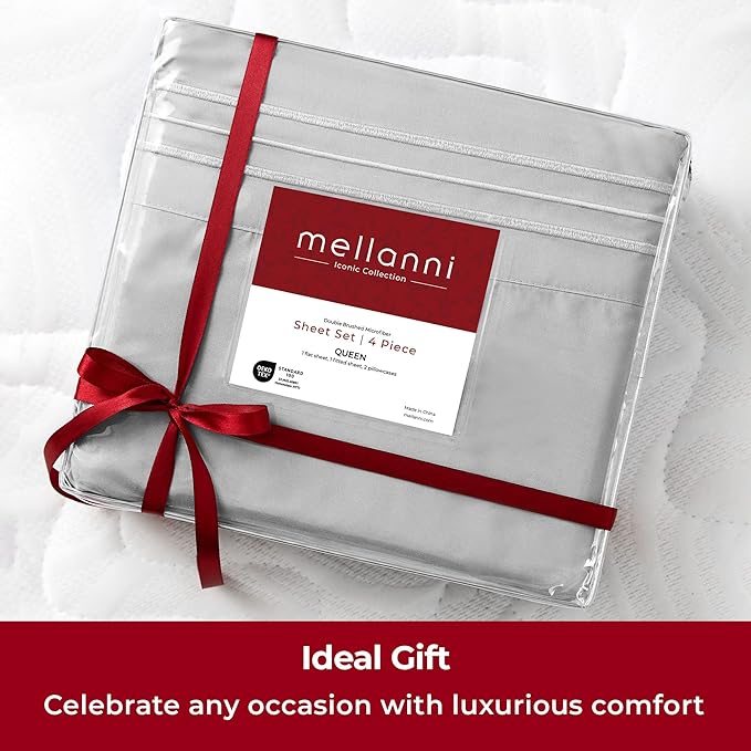 Mellanni Extra Deep California King Sheets - 4 PC Iconic Collection Bedding Sheets & Pillowcases - Hotel Luxury, Ultra Soft, Cooling Bed Sheets - Extra Deep Pocket up to 21 inch (Cal King, Light Gray) - LeafyLoom