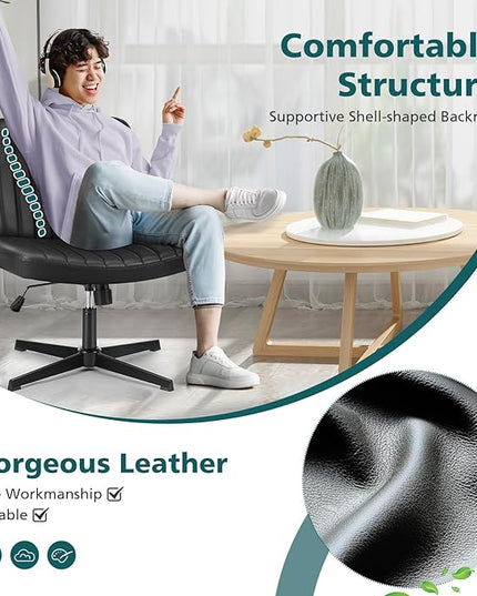 OLIXIS Cross Legged Armless Wide Adjustable Swivel Padded Home Office Desk Chair, Black - LeafyLoom