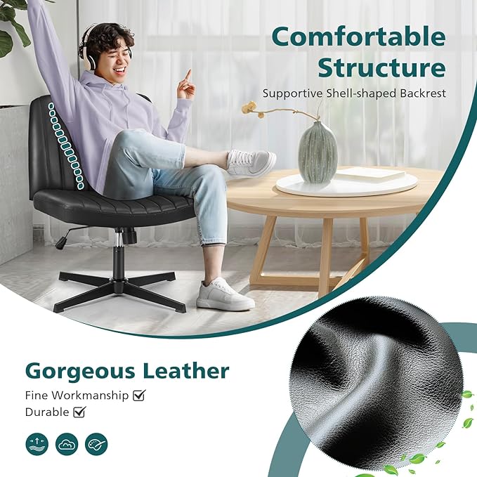 OLIXIS Cross Legged Armless Wide Adjustable Swivel Padded Home Office Desk Chair, Black - LeafyLoom