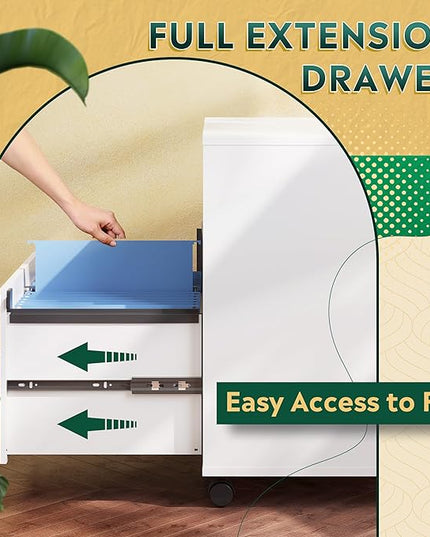 DEVAISE Office File Cabinet with Lock, 1-Drawer Wood Lateral Filing Cabinet on Wheels, Printer Stand with Open Storage Shelves for Home Office, White - LeafyLoom