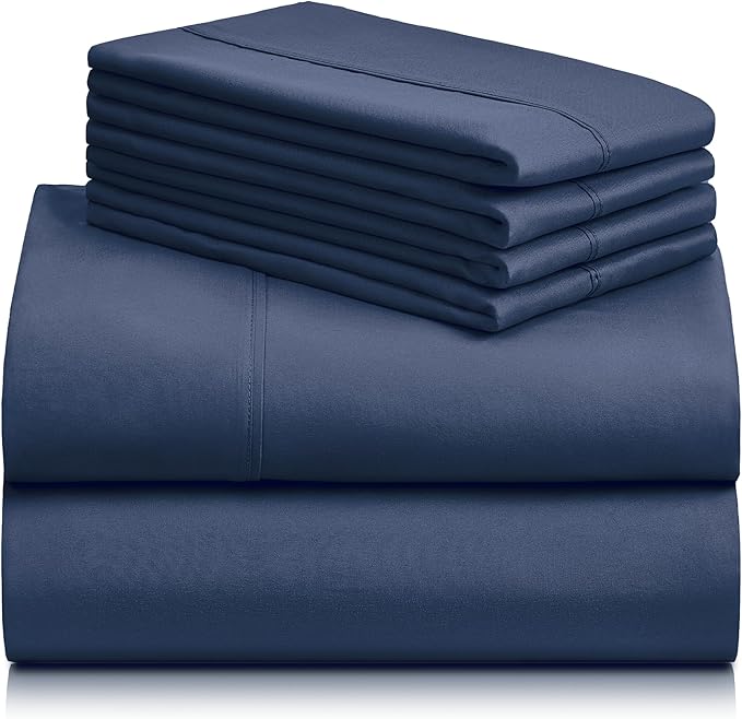 LuxClub 6 PC California King Sheet Set, Breathable Luxury Bed Sheets, Deep Pockets 18" Wrinkle Free Cooling Sheets Machine Washable Hotel Bedding Silky Soft - Navy Cal King - LeafyLoom