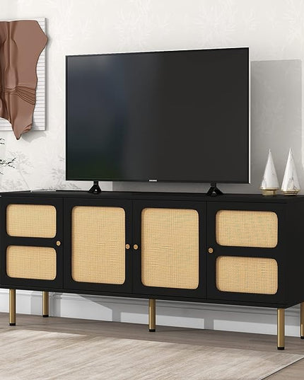 Merax Boho TV Stand with Rattan Door, Woven Media Console Table for Television Up to 70”, Country Style Design Side Board with Gold Metal Base for Living Room, 64.9" Length, Black - LeafyLoom