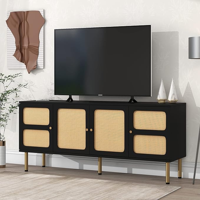 Merax Boho TV Stand with Rattan Door, Woven Media Console Table for Television Up to 70”, Country Style Design Side Board with Gold Metal Base for Living Room, 64.9" Length, Black - LeafyLoom
