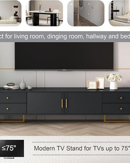 Merax Modern TV Stand for 65+ Inch Television, Entertainment Center Media Console Table with Storage, Cabinet Furniture for Living Room, 70.90 inch Length, Black - LeafyLoom