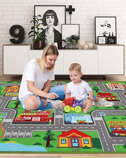Kids Carpet Playmat Rug 118"x78.7", Car Rug for Kids Cars, Non-Slip Town City Road Map Kids Rug for Playroom Bedroom Boys, Kids Car Mat Road Rug, Track Rug Car Play Rug for Kids (118X78.7 INCH) - LeafyLoom