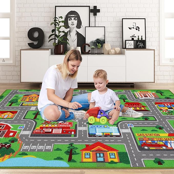 Kids Carpet Playmat Rug 118"x78.7", Car Rug for Kids Cars, Non-Slip Town City Road Map Kids Rug for Playroom Bedroom Boys, Kids Car Mat Road Rug, Track Rug Car Play Rug for Kids (118X78.7 INCH) - LeafyLoom