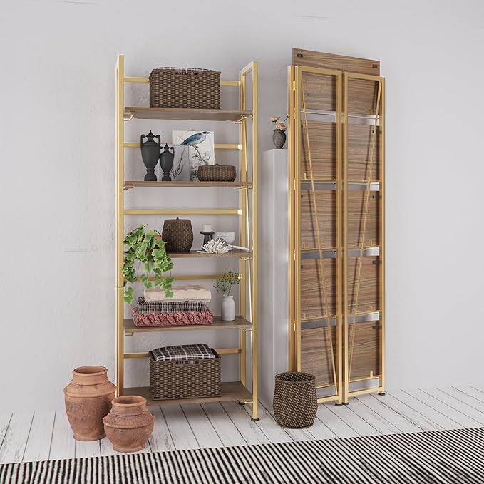 No-Assembly Folding Gold Bookshelf Storage Shelves 5 Tiers Vintage Multifunctional Plant Flower Stand Storage Rack Shelves Bookcase for Home Office - LeafyLoom