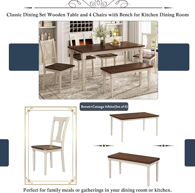 6-Piece Classic Dinette Sets Rectangular Wooden Kitchen Dining Table, 4 Chairs & Bench, for Diningroom Living Room, Easy to Assemble, Brown+Cottage White - LeafyLoom