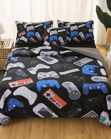 6Pcs Game Console Comforter Set with Sheets for Boys Girls Kids Teens, Gamepad Collection Themed Bed in A Bag Full Size, 3D Video Gamer Controller Bedroom Decor Bedding Set - LeafyLoom