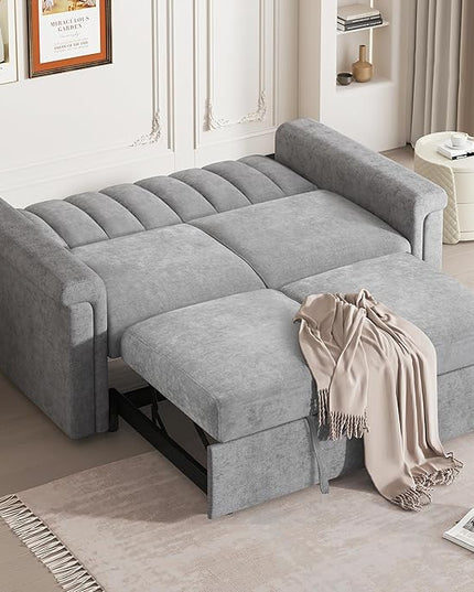 3 in 1 Oversized Convertible Loveseat Sleeper Sofa Bed,Contemporary Channel Tufted Love Seats Sofabed W/Pull Out Sleep Couch,Thicker Cushions and Padded Armrests for Living Room, 61", Grey-368 - LeafyLoom