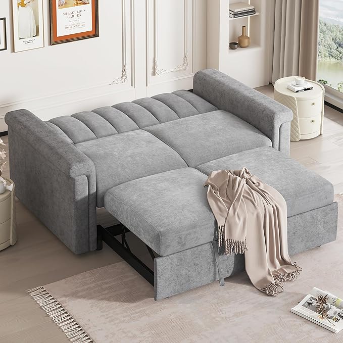 3 in 1 Oversized Convertible Loveseat Sleeper Sofa Bed,Contemporary Channel Tufted Love Seats Sofabed W/Pull Out Sleep Couch,Thicker Cushions and Padded Armrests for Living Room, 61", Grey-368 - LeafyLoom