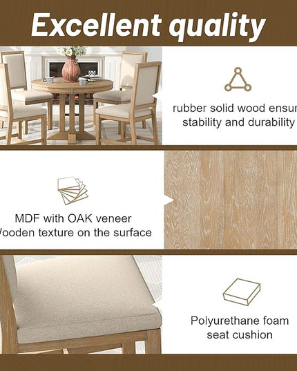 NicBex Small Kitchen Table Set for 4 Round Dining Table Farmhouse Dining Set 5-Piece Dining Set Extendable Round Table and 4 Upholstered Chairs for Kitchen, Natural Wood Wash - LeafyLoom