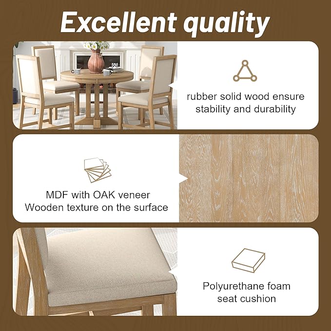 NicBex Small Kitchen Table Set for 4 Round Dining Table Farmhouse Dining Set 5-Piece Dining Set Extendable Round Table and 4 Upholstered Chairs for Kitchen, Natural Wood Wash - LeafyLoom