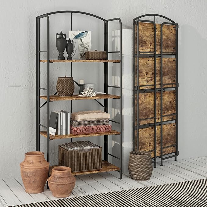 No Assembly Folding Bookshelf, Metal Book Shelf for Storage, Folding Bookcase for Office Organization and Storage (Firestone, 4 Tiers) - LeafyLoom