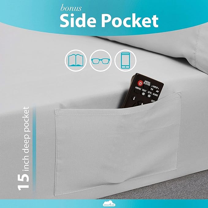 DREAMCARE Twin XL Sheet Sets - Cooling Bed Sheets - 4pcs Set - up to 15" Deep Pocket Twin XL Sheets - XL Twin Sheet Set – Soft & Long Lasting 100% Fine Brushed Polyester with Side Pocket - Light Gray - LeafyLoom