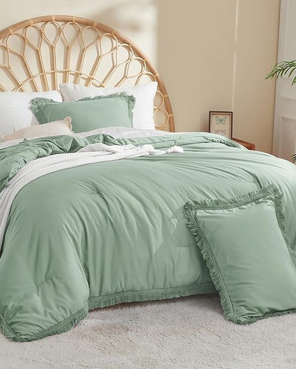 Litanika Sage Green Comforter Queen Set, Boho Tassel Comforter Aesthetic 3 Pieces, Lightweight Fringe Microfiber Bedding Set for All Season(1 Comforter 90x90 inch, 2 Pillowcases) - LeafyLoom