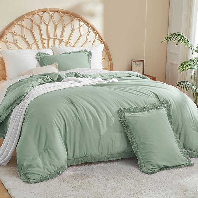 Litanika Sage Green Comforter Queen Set, Boho Tassel Comforter Aesthetic 3 Pieces, Lightweight Fringe Microfiber Bedding Set for All Season(1 Comforter 90x90 inch, 2 Pillowcases) - LeafyLoom