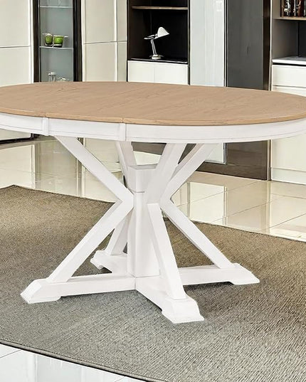 NicBex Dining Table Contemporary Kitchen Table Farmhouse Rustic Retro Functional Extendable Dining Table with a 12" Leaf for Dining Room and Living Room Round Dining Table, Oak Natural Wood+Off White - LeafyLoom