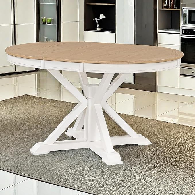 NicBex Dining Table Contemporary Kitchen Table Farmhouse Rustic Retro Functional Extendable Dining Table with a 12" Leaf for Dining Room and Living Room Round Dining Table, Oak Natural Wood+Off White - LeafyLoom