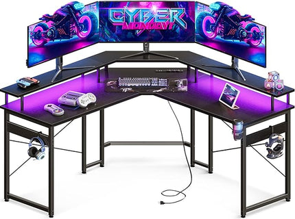 ODK L Shaped Gaming Desk with LED Lights & Power Outlets, 51" Computer Desk with Full Monitor Stand, Corner Desk with Cup Holder, Gaming Table with Hooks, Black - LeafyLoom