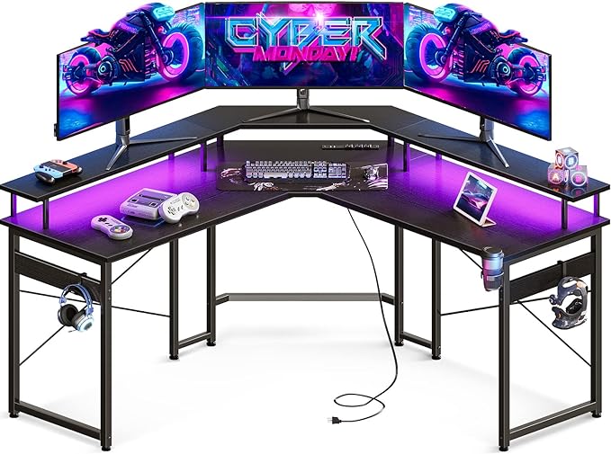 ODK L Shaped Gaming Desk with LED Lights & Power Outlets, 51" Computer Desk with Full Monitor Stand, Corner Desk with Cup Holder, Gaming Table with Hooks, Black - LeafyLoom