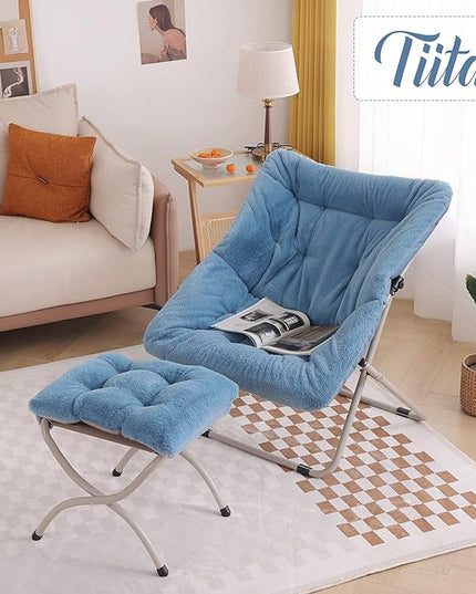 Tiita Saucer Chair with Ottoman, Soft Faux Fur Oversized Folding Accent Chair,Lounge Lazy Chair, Metal Frame Moon Chair for Bedroom, Living Room, Dorm Rooms, Garden and Courtyard - LeafyLoom