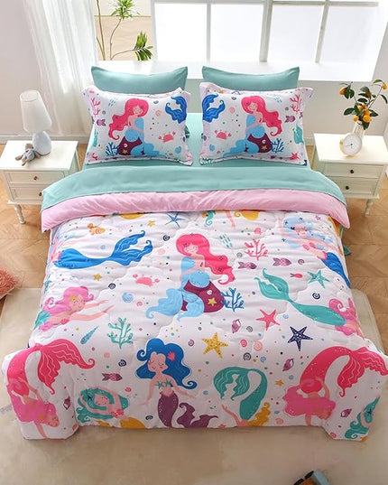 Wajade Kids Mermaids Comforter Set Bed in A Bag Twin Size 7 Piece Colorful 3D Cartoon Mermaids Bedding Set for Girls (1 Comforter, 1 Flat Sheet, 1 Fitted Sheet, 2 Pillowcase and 2 Pillow Sham) - LeafyLoom