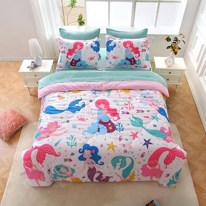 Wajade Kids Mermaids Comforter Set Bed in A Bag Twin Size 7 Piece Colorful 3D Cartoon Mermaids Bedding Set for Girls (1 Comforter, 1 Flat Sheet, 1 Fitted Sheet, 2 Pillowcase and 2 Pillow Sham) - LeafyLoom