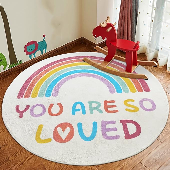 Topotdor Rainbow Round Rug for Girls Bedroom,Colorful Boho Decor Nursery Area Rug,Ultra Soft Machine Washable Kids Play Mat,47" Round - LeafyLoom