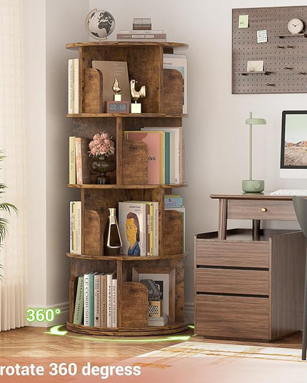 Rotating Bookshelf, Corner Bookshelf, 360 Display Wood Spinning Bookcase Storage Rack, Floor Standing Revolving Bookcase Narrow Book Shelf Organizer for Small Space, Bedroom, Rustic Brown - LeafyLoom