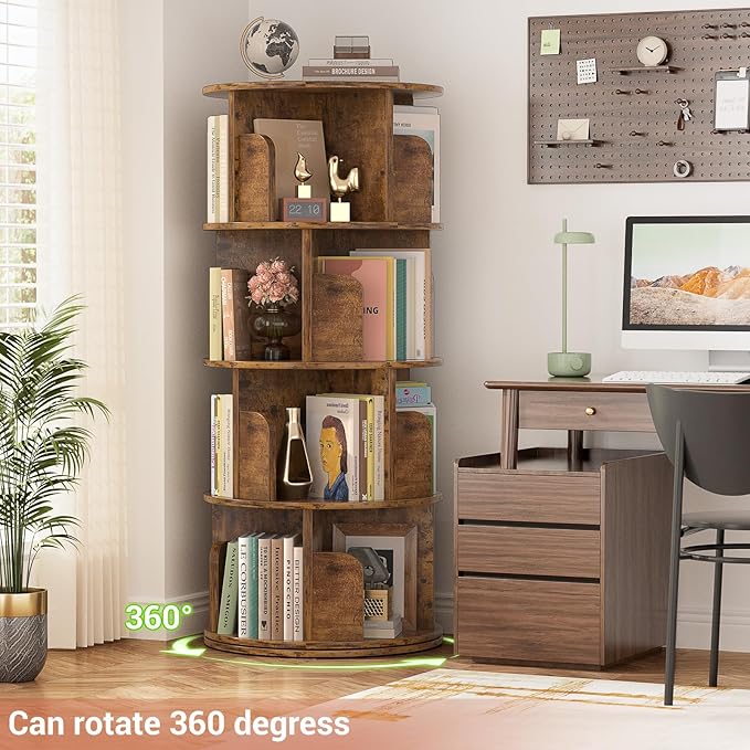 Rotating Bookshelf, Corner Bookshelf, 360 Display Wood Spinning Bookcase Storage Rack, Floor Standing Revolving Bookcase Narrow Book Shelf Organizer for Small Space, Bedroom, Rustic Brown - LeafyLoom