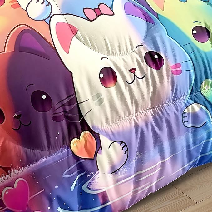 Rainbow Cat Comforter Twin Size - Rainbow Cat Bedding for Girls Room Cute Cartoon Rainbow Bedding Twin Comforter Sets for Kids, 1 Comforter+1 Pillowcase - LeafyLoom