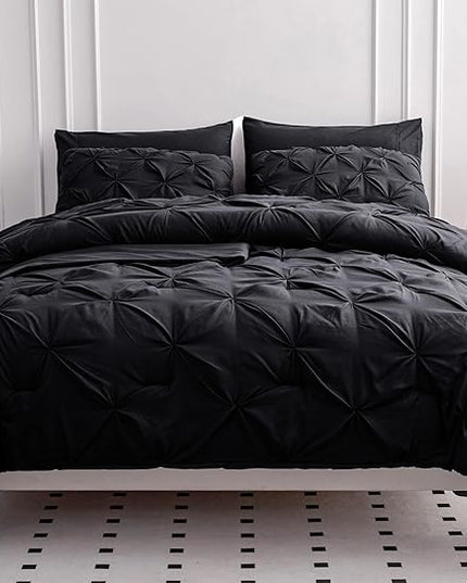 LANE LINEN California King Comforter Set, 7 Piece Cal King Bed in a Bag, Pintuck Cal King Bedding Set, Soft Cali King Bed Set, Cal King Bedding Comforter Sets with Sheets, Pillowcases & Shams - Black - LeafyLoom