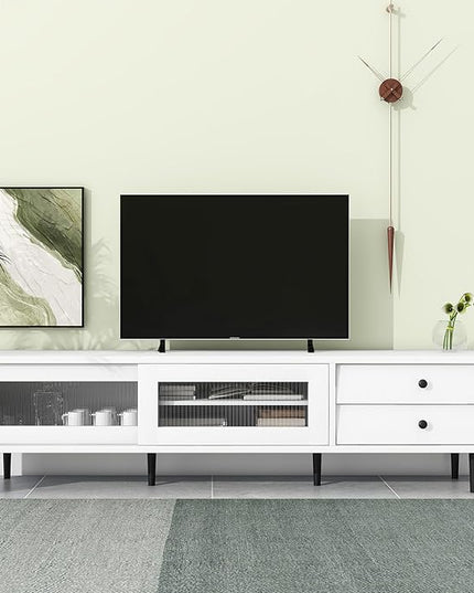 NicBex TV Stand for 75 Inch TV Modern TV Media Console Table with Sliding Fluted Glass Doors,Entertainment Center with Storage for Living Room,70.86 Inch,White - LeafyLoom