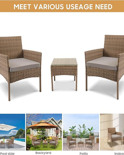 YIYAN 3 Pieces Patio Bistro Set Outdoor Wicker Furniture Outdoor Porch PE Rattan Wicker Chairs Furniture Sets with Sofa Chairs,Glass Coffee Table and Gray Washable Cushion - LeafyLoom