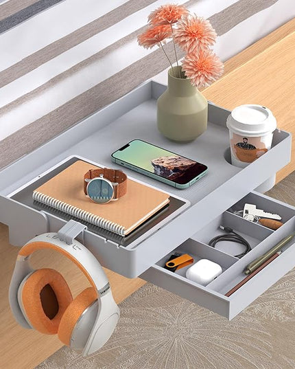 SPACELEAD Bedside Shelf for Bed – College Dorm Room Clip On Nightstand with Cup Holder & Cord Holder&Drawer – Bunk Bed Shelf for Organizer Top for Bedroom (Grey，Plastic) - LeafyLoom