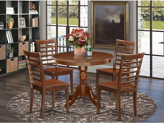 East West Furniture ANML5-MAH-W 5 Piece Kitchen Set Includes a Round Room Table with Pedestal and 4 Dining Chairs, 36x36 Inch, Mahogany - LeafyLoom