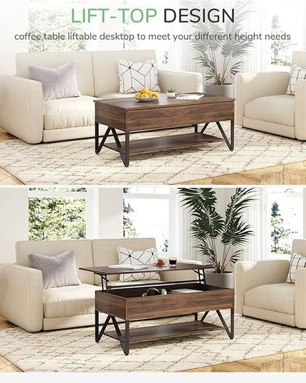 Novilla Lift Top Coffee Table with Storage 40 Inch Wood Lift Up Center Table for Living Room Tea Table with Hidden Compartment Rising Tabletop Table Cocktail Table, Walnut - LeafyLoom