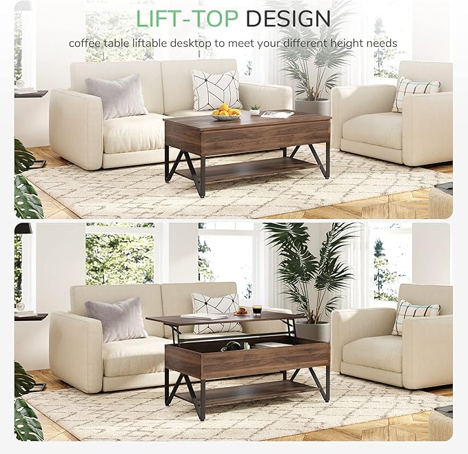 Novilla Lift Top Coffee Table with Storage 40 Inch Wood Lift Up Center Table for Living Room Tea Table with Hidden Compartment Rising Tabletop Table Cocktail Table, Walnut - LeafyLoom