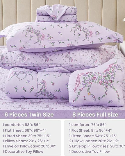 Mooreeke Twin Size Comforter Sets for Girls Kids, 6 Pieces Bed in a Bag Purple Floral Unicorn Bedding Comforter Sheet Set with Shams and Decorative Toy Pillow, Ultral Soft Microfiber Kids Bed Set - LeafyLoom