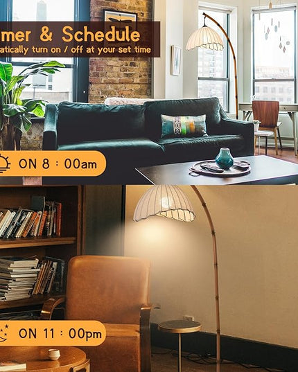 Retro Bamboo Floor Lamp - Unique Bohemian Hanging Arc Floor Lamp with Antique Rattan Style, RGB Colorful Dimmable Vertical Lamp for Dining Room Farmhouse Study Living Room - LeafyLoom