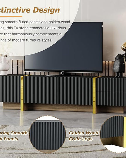 Merax Luxury Fluted TV Stand for Televisions Up to 80'', Modern Entertainment Center with Storage Cabinets & Drawers and Golden Wood Grain Legs, Smooth Media Console, for Living Room, Black - LeafyLoom