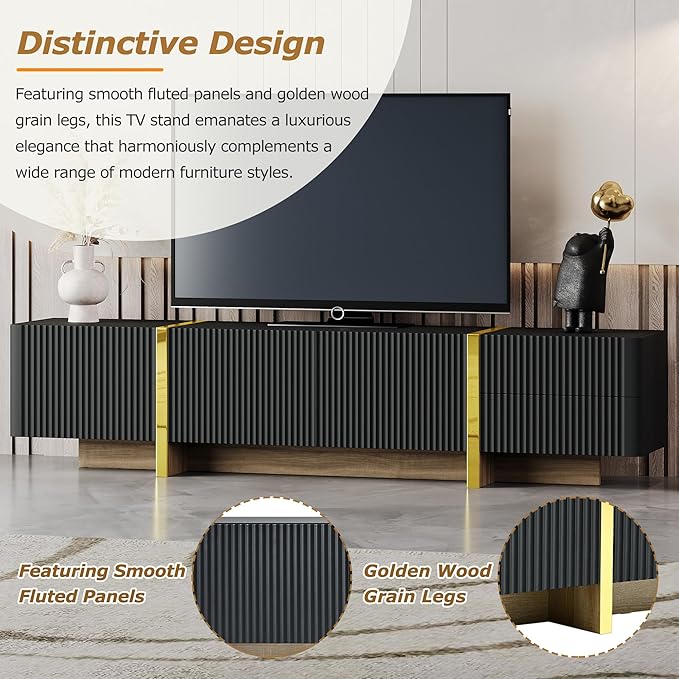 Merax Luxury Fluted TV Stand for Televisions Up to 80'', Modern Entertainment Center with Storage Cabinets & Drawers and Golden Wood Grain Legs, Smooth Media Console, for Living Room, Black - LeafyLoom